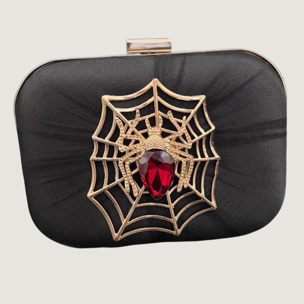 Charming Charlie Spider Web Clutch Black Gold Red Rhinestone Goth Evening Bag OS